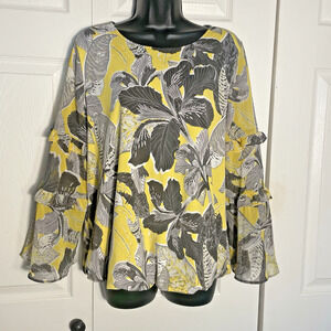 Alfani Shirt Women Medium Yellow Gray Leaves Bell Sleeve Ruffles Whimsical Top‎